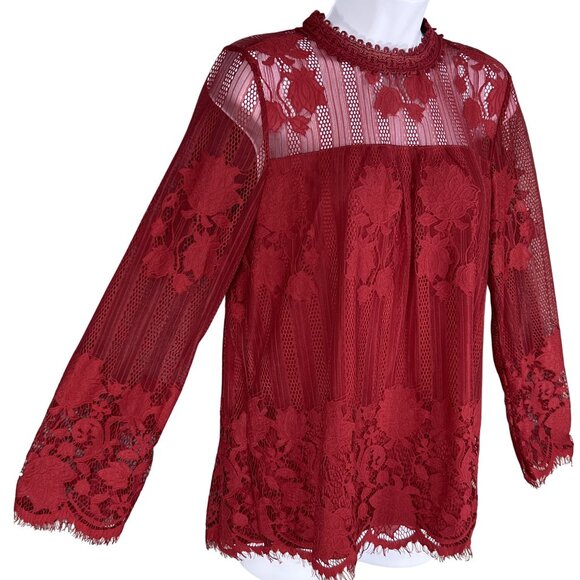 Ultra Pink Womens M Floral Lace Long Sleeve Blouse Red Feminine Top Cottagecore - Picture 1 of 16